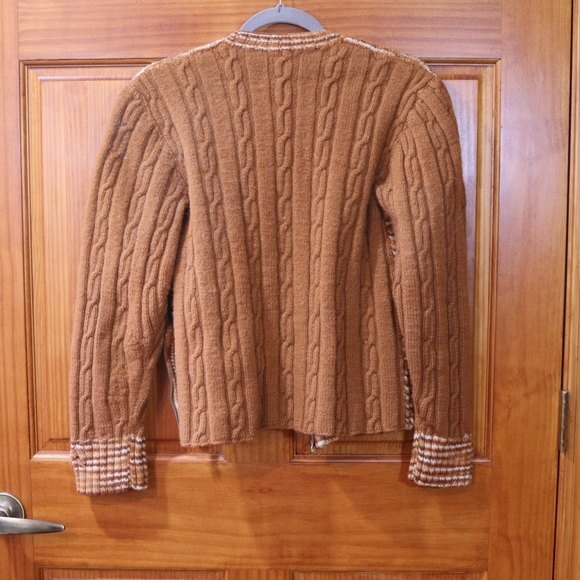 Vintage Handmade 70s Brown Plaid Chunky Knit Zip Cardigan Sweater LG - Picture 5 of 10
